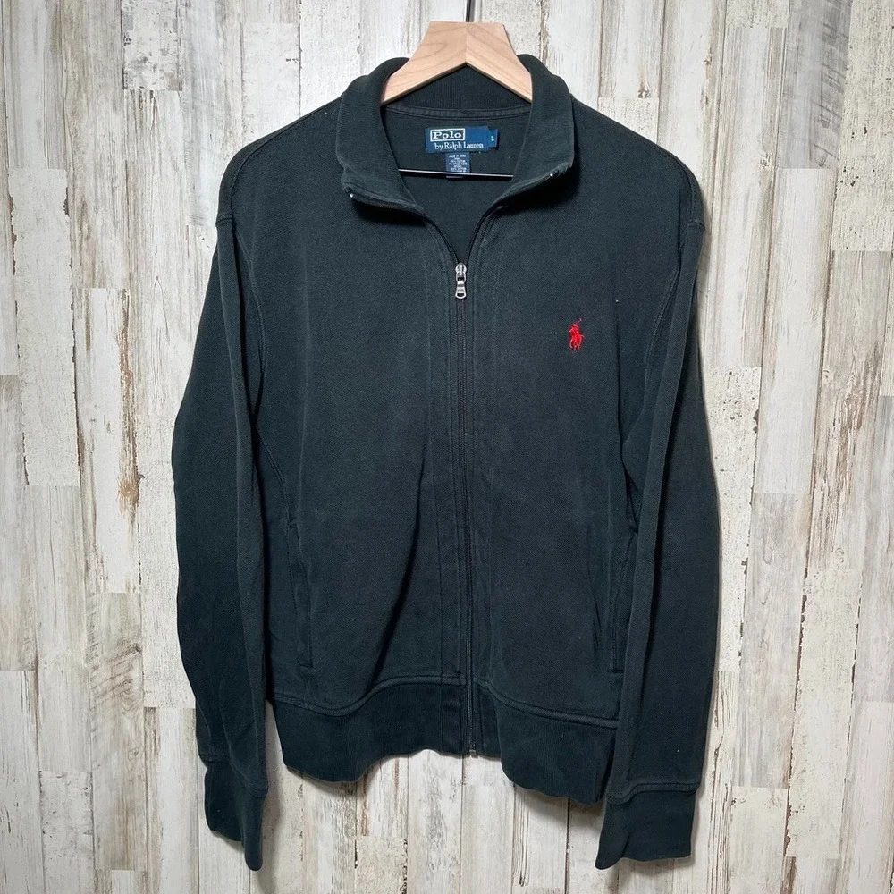 Vintage Polo Ralph Lauren Knit Sweater Black Full‎ Zip Faded Mens Size Large